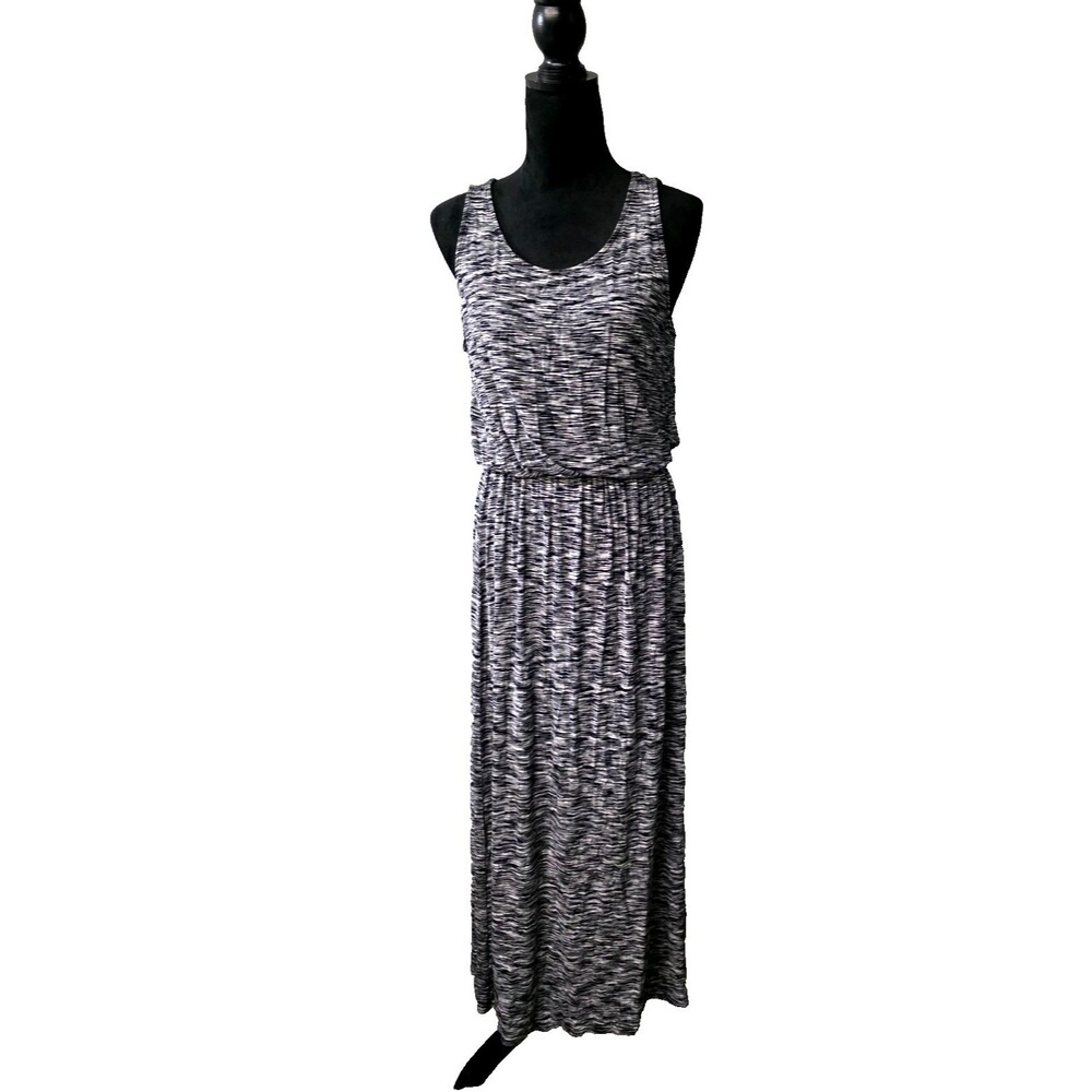 Merona Sleeveless Maxi Dress White‎ Black Heathered with Elastic Waist Sz Medium
